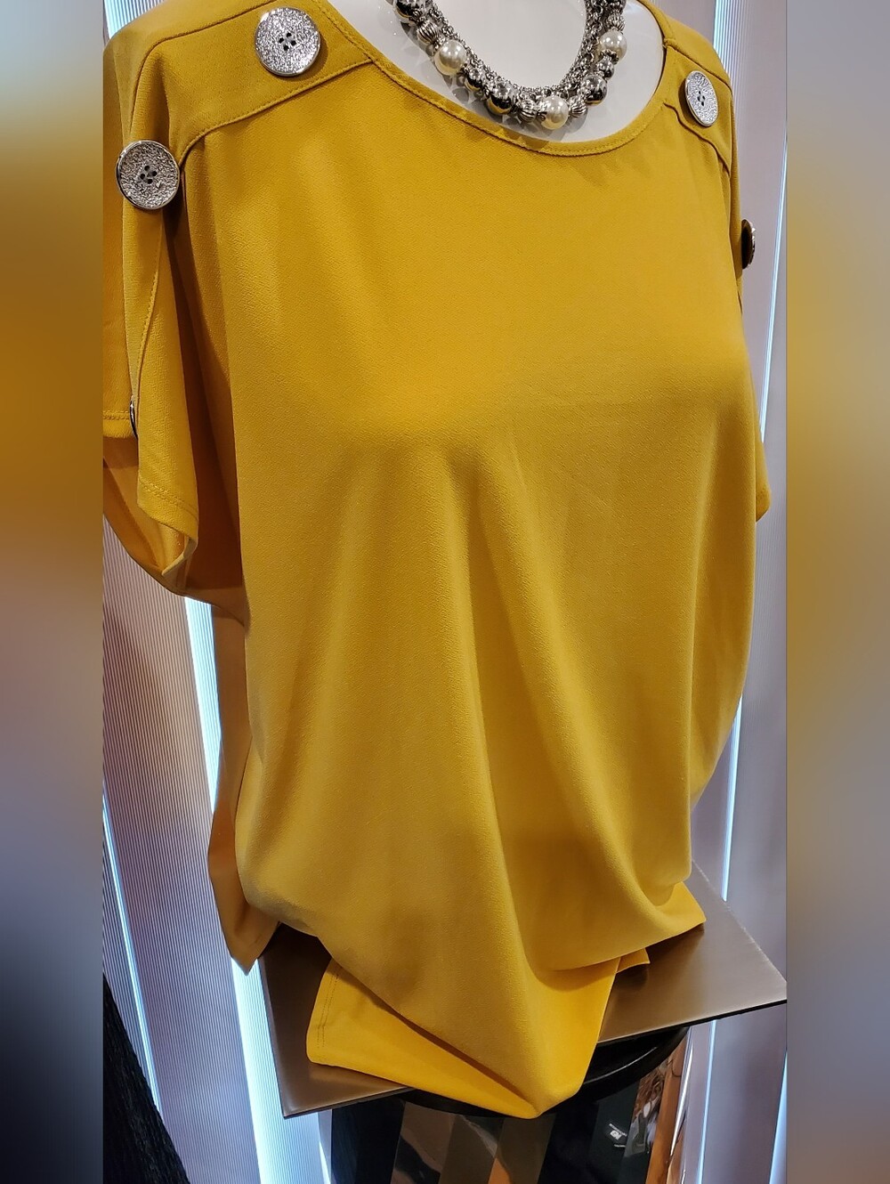 Women's Mustard Yellow Short Sleeve Top with Decorative Buttons